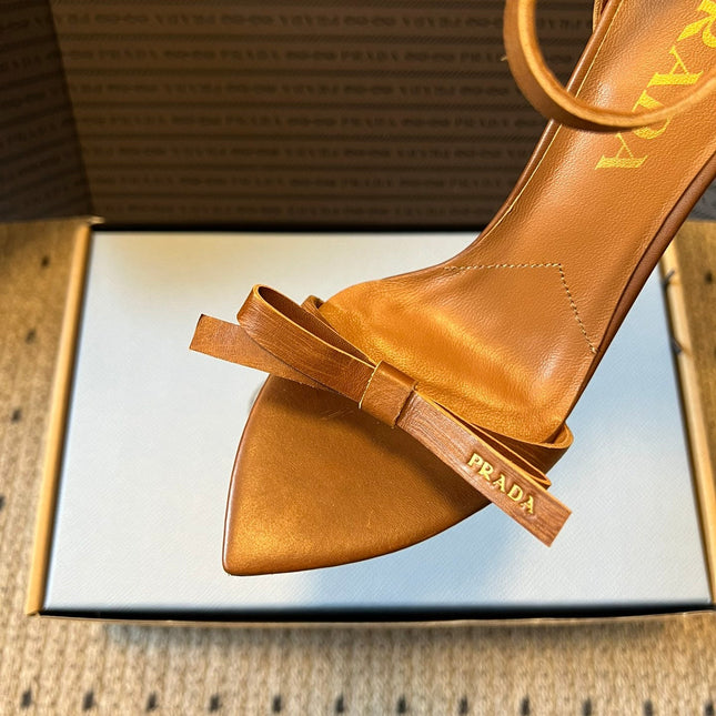 PRADA 26S POINTED-TOE STRAPPY HIGH-HEEL SANDALS 80MM IN CARAMEL BROWN CALFSKIN