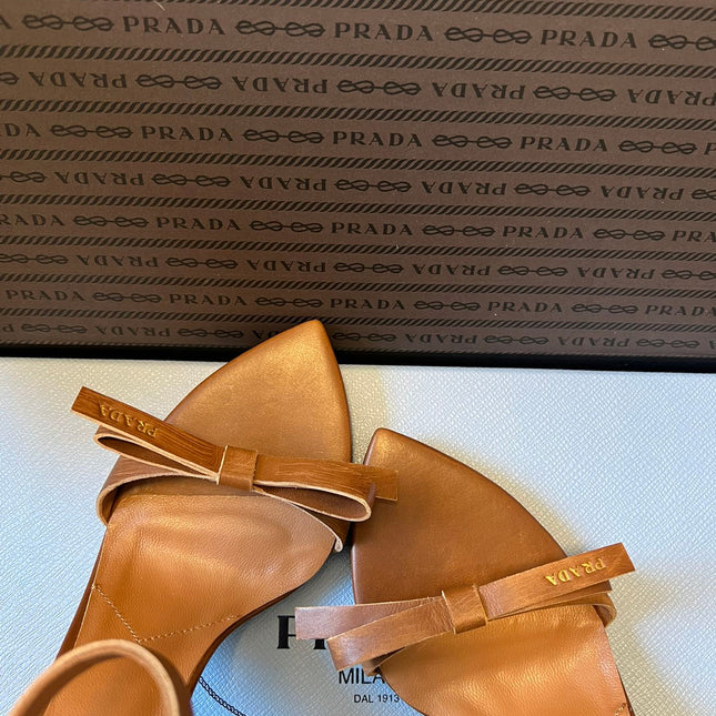 PRADA 26S POINTED-TOE STRAPPY HIGH-HEEL SANDALS 80MM IN CARAMEL BROWN CALFSKIN
