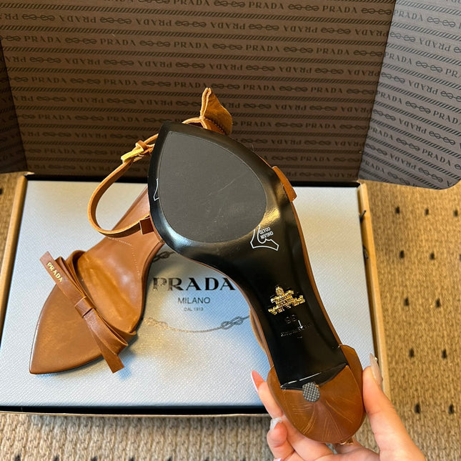 PRADA 26S POINTED-TOE STRAPPY HIGH-HEEL SANDALS 80MM IN CARAMEL BROWN CALFSKIN