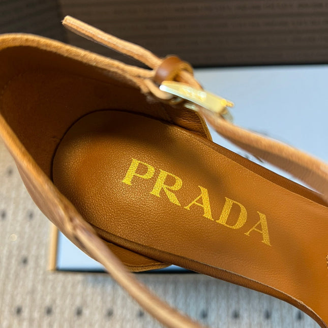 PRADA 26S POINTED-TOE STRAPPY HIGH-HEEL SANDALS 80MM IN CARAMEL BROWN CALFSKIN