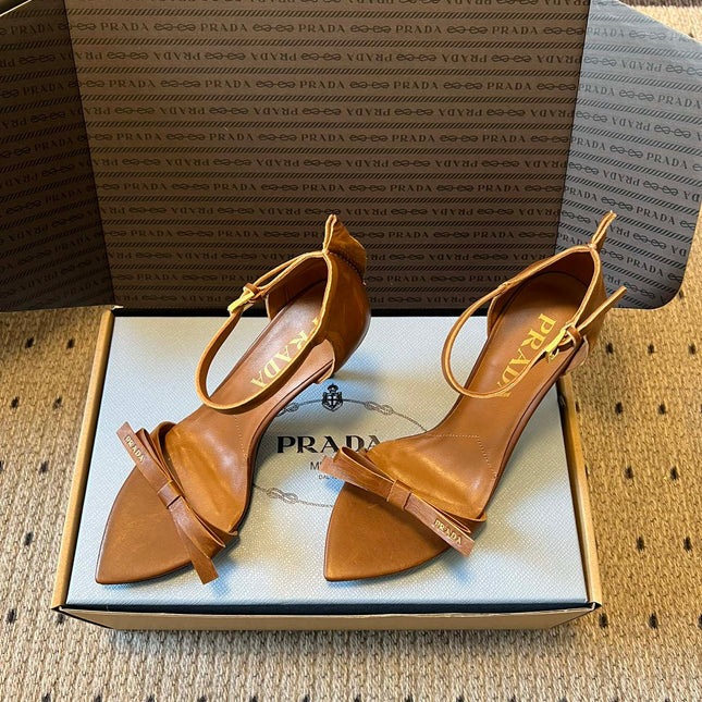 PRADA 26S POINTED-TOE STRAPPY HIGH-HEEL SANDALS 80MM IN CARAMEL BROWN CALFSKIN