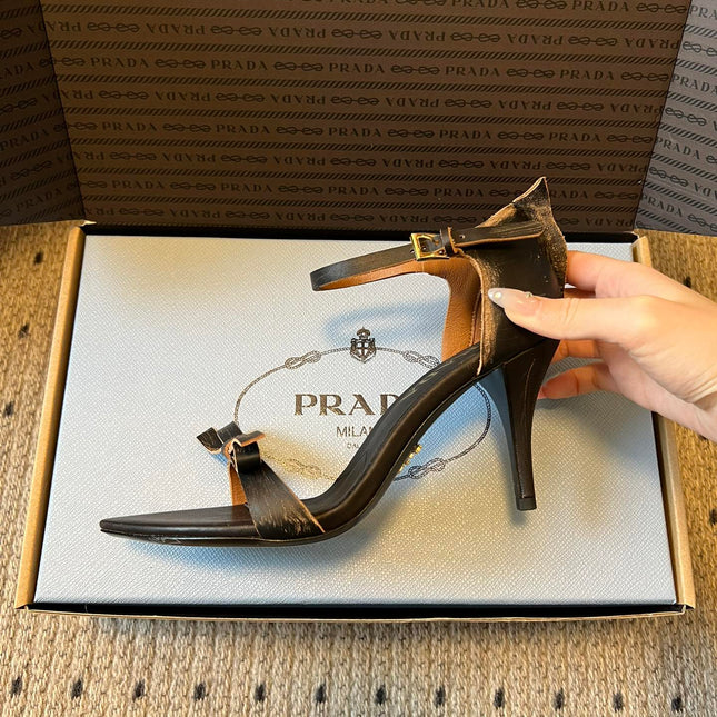 PRADA 26S POINTED-TOE STRAPPY HIGH-HEEL SANDALS 60MM IN BLACK CALFSKIN
