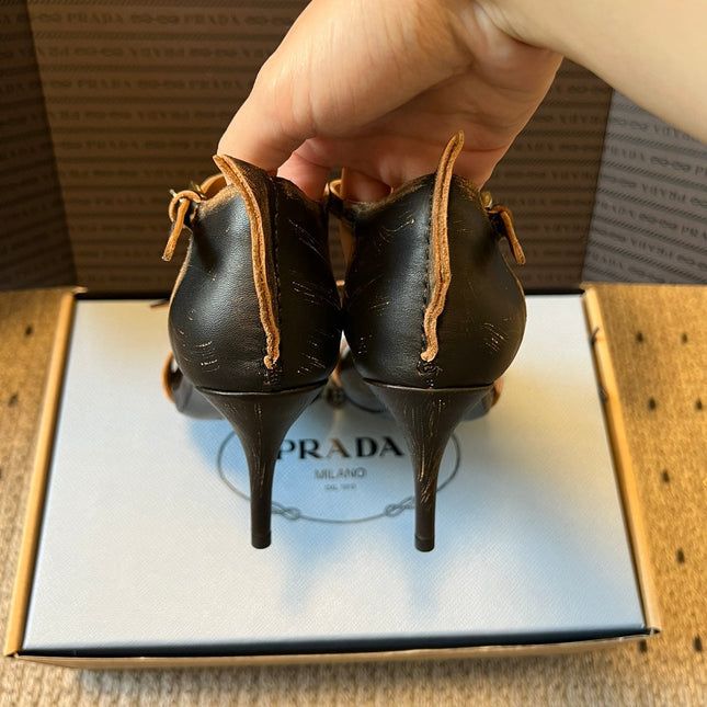 PRADA 26S POINTED-TOE STRAPPY HIGH-HEEL SANDALS 60MM IN BLACK CALFSKIN