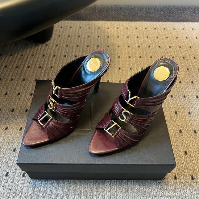 YSL 26S HEELED SANDALS 100 MM IN DARK BROWN LAMBSKIN