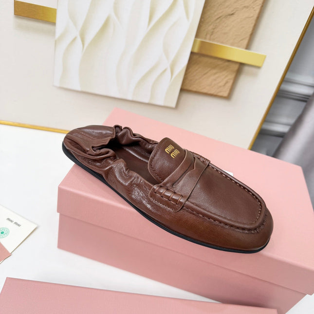 MIUMIU 26S RUCHES LOAFERS IN DARK BROWN LAMBSKIN