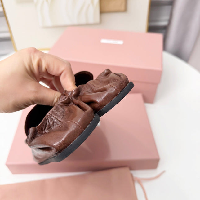 MIUMIU 26S RUCHES LOAFERS IN DARK BROWN LAMBSKIN
