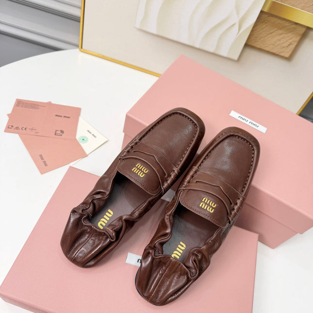 MIUMIU 26S RUCHES LOAFERS IN DARK BROWN LAMBSKIN