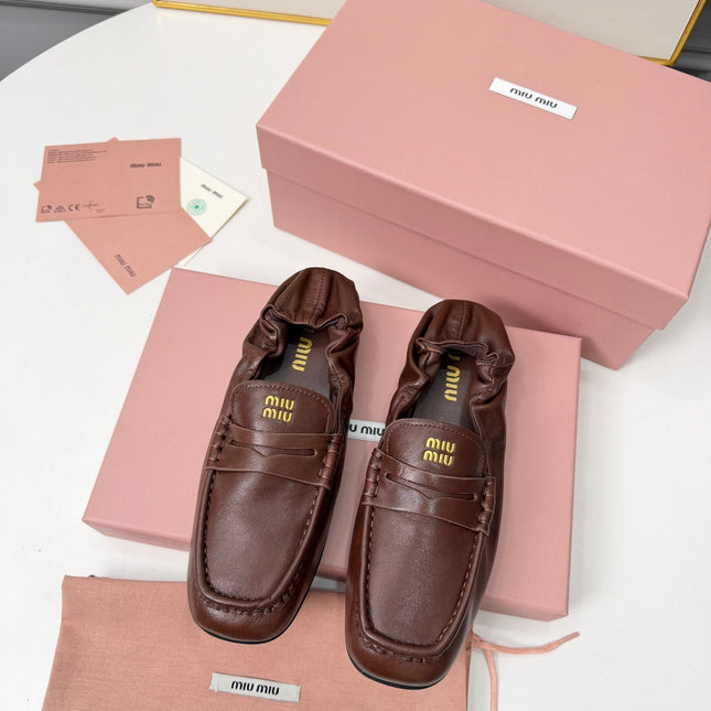 MIUMIU 26S RUCHES LOAFERS IN DARK BROWN LAMBSKIN