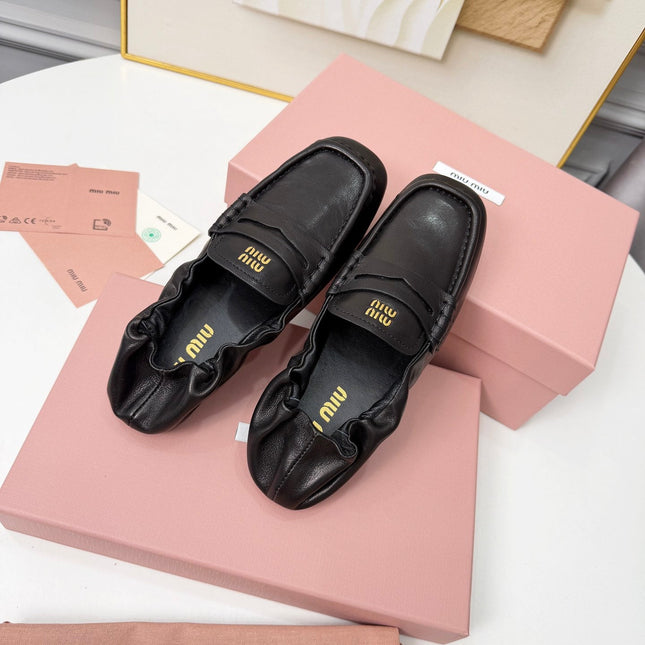 MIUMIU 26S RUCHES LOAFERS IN BLACK LAMBSKIN