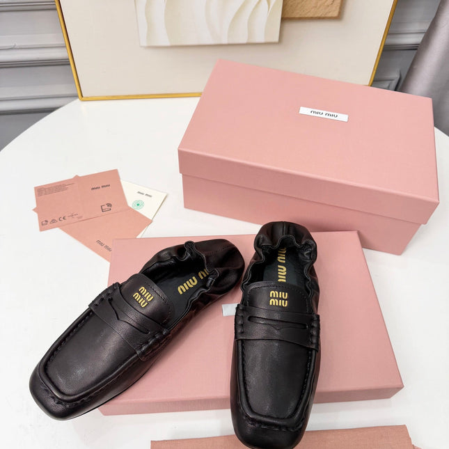 MIUMIU 26S RUCHES LOAFERS IN BLACK LAMBSKIN