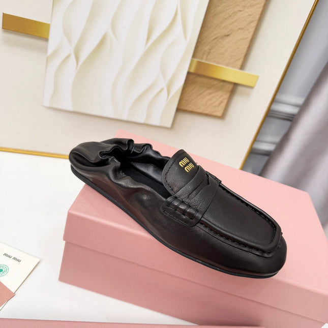 MIUMIU 26S RUCHES LOAFERS IN BLACK LAMBSKIN