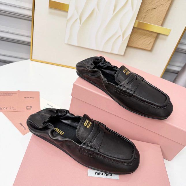 MIUMIU 26S RUCHES LOAFERS IN BLACK LAMBSKIN