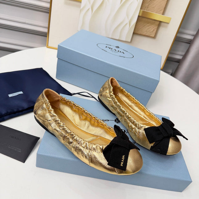 PRADA 26S BALLERINA FLATS IN GOLD CALFSKIN WITH BOW