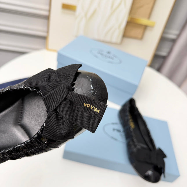 PRADA 26S BALLERINA FLATS IN BLACK CALFSKIN WITH BOW