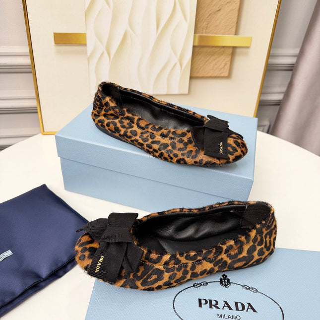 PRADA 26S BALLERINA FLATS IN BROWN LEOPARD PRINT PONY HAIR WITH BOW
