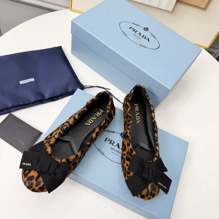 PRADA 26S BALLERINA FLATS IN BROWN LEOPARD PRINT PONY HAIR WITH BOW