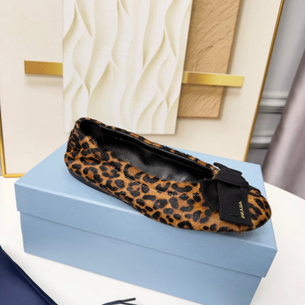 PRADA 26S BALLERINA FLATS IN BROWN LEOPARD PRINT PONY HAIR WITH BOW