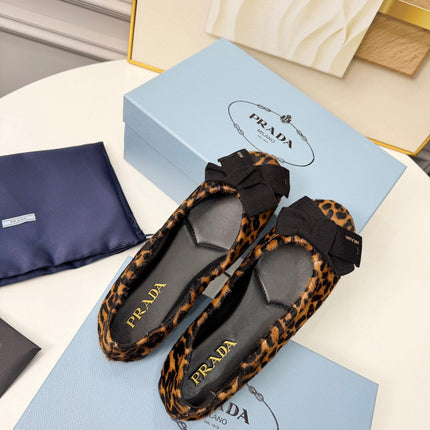 PRADA 26S BALLERINA FLATS IN BROWN LEOPARD PRINT PONY HAIR WITH BOW