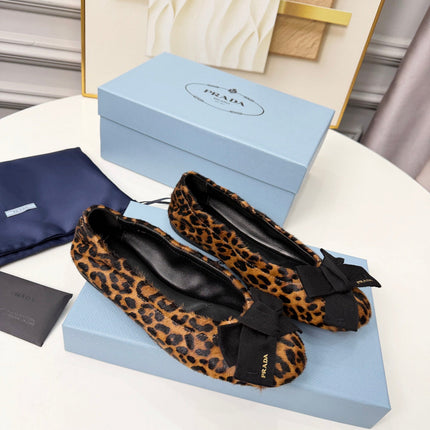 PRADA 26S BALLERINA FLATS IN BROWN LEOPARD PRINT PONY HAIR WITH BOW
