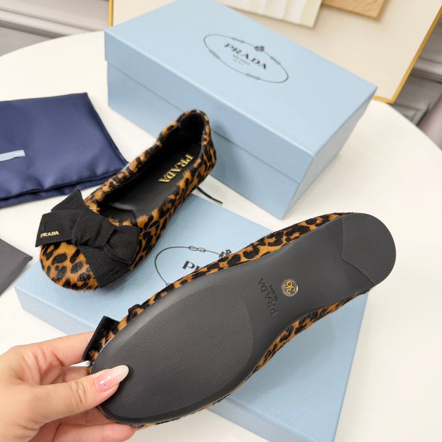 PRADA 26S BALLERINA FLATS IN BROWN LEOPARD PRINT PONY HAIR WITH BOW