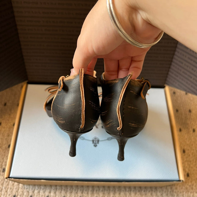 PRADA 26S POINTED-TOE STRAPPY HIGH-HEEL SANDALS 60MM IN DARK BROWN CALFSKIN