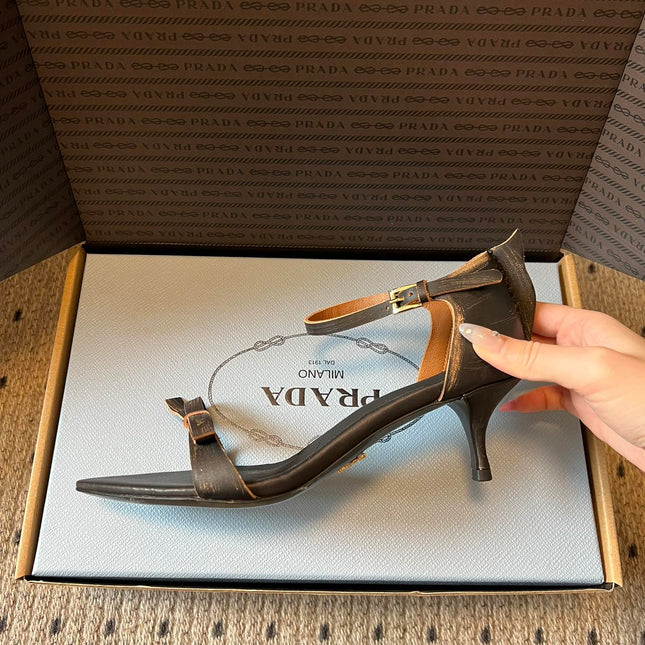 PRADA 26S POINTED-TOE STRAPPY HIGH-HEEL SANDALS 60MM IN DARK BROWN CALFSKIN