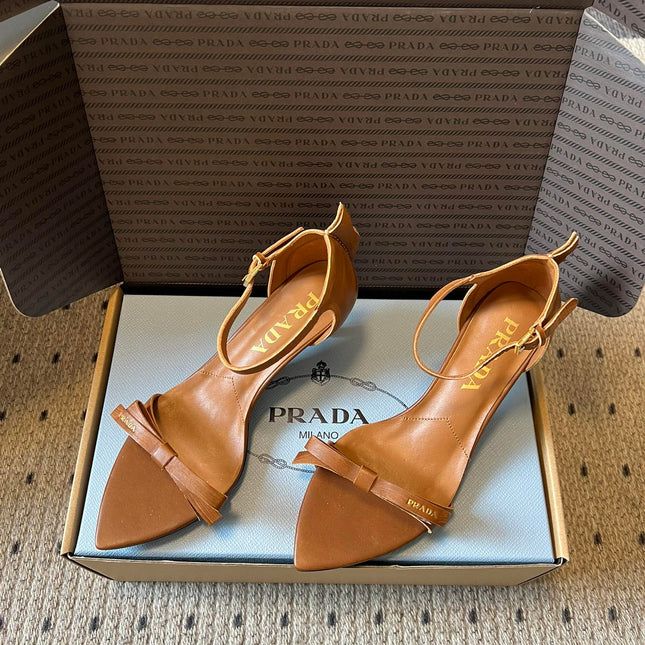 PRADA 26S POINTED-TOE STRAPPY HIGH-HEEL SANDALS 60MM IN CARAMEL BROWN CALFSKIN