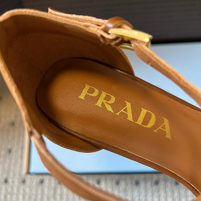 PRADA 26S POINTED-TOE STRAPPY HIGH-HEEL SANDALS 60MM IN CARAMEL BROWN CALFSKIN