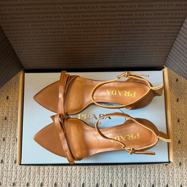 PRADA 26S POINTED-TOE STRAPPY HIGH-HEEL SANDALS 60MM IN CARAMEL BROWN CALFSKIN