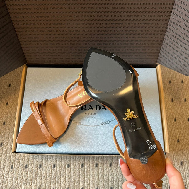PRADA 26S POINTED-TOE STRAPPY HIGH-HEEL SANDALS 60MM IN CARAMEL BROWN CALFSKIN