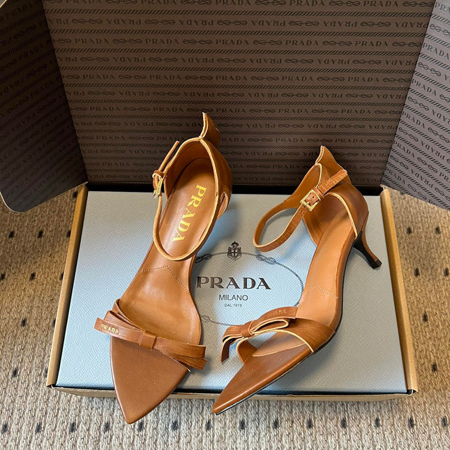 PRADA 26S POINTED-TOE STRAPPY HIGH-HEEL SANDALS 60MM IN CARAMEL BROWN CALFSKIN