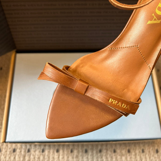 PRADA 26S POINTED-TOE STRAPPY HIGH-HEEL SANDALS 60MM IN CARAMEL BROWN CALFSKIN