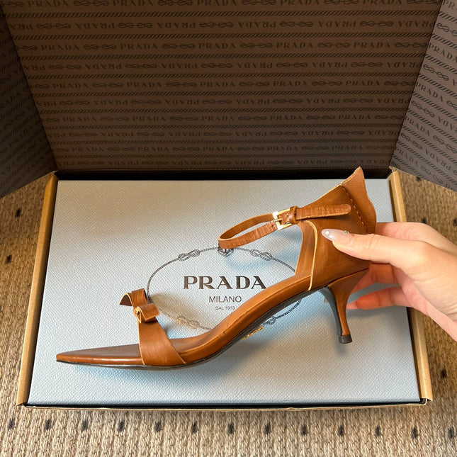 PRADA 26S POINTED-TOE STRAPPY HIGH-HEEL SANDALS 60MM IN CARAMEL BROWN CALFSKIN