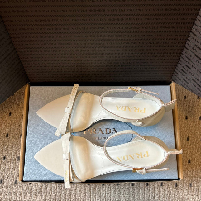 PRADA 26S POINTED-TOE STRAPPY HIGH-HEEL SANDALS 60MM IN CREAM WHITE CALFSKIN