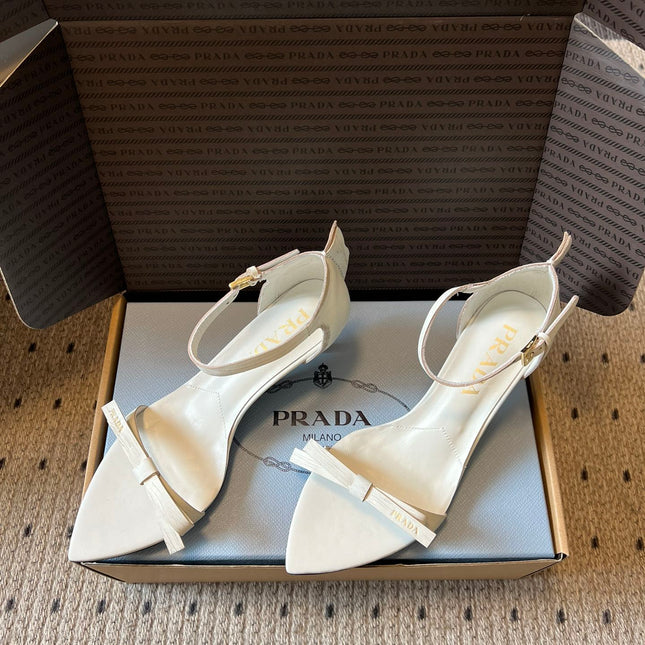 PRADA 26S POINTED-TOE STRAPPY HIGH-HEEL SANDALS 60MM IN CREAM WHITE CALFSKIN