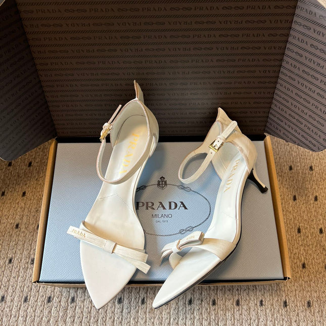 PRADA 26S POINTED-TOE STRAPPY HIGH-HEEL SANDALS 60MM IN CREAM WHITE CALFSKIN