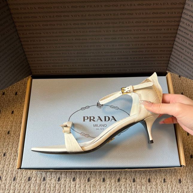 PRADA 26S POINTED-TOE STRAPPY HIGH-HEEL SANDALS 60MM IN CREAM WHITE CALFSKIN