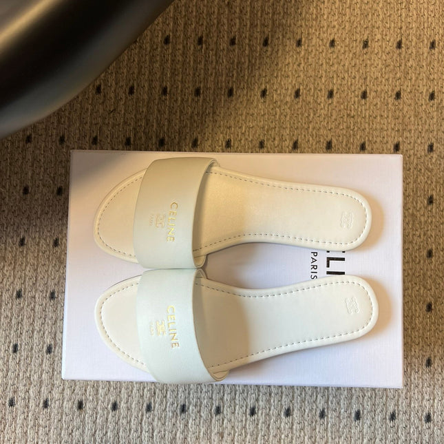 CELINE 26S FLAT SLIDES IN WHITE LAMBSKIN