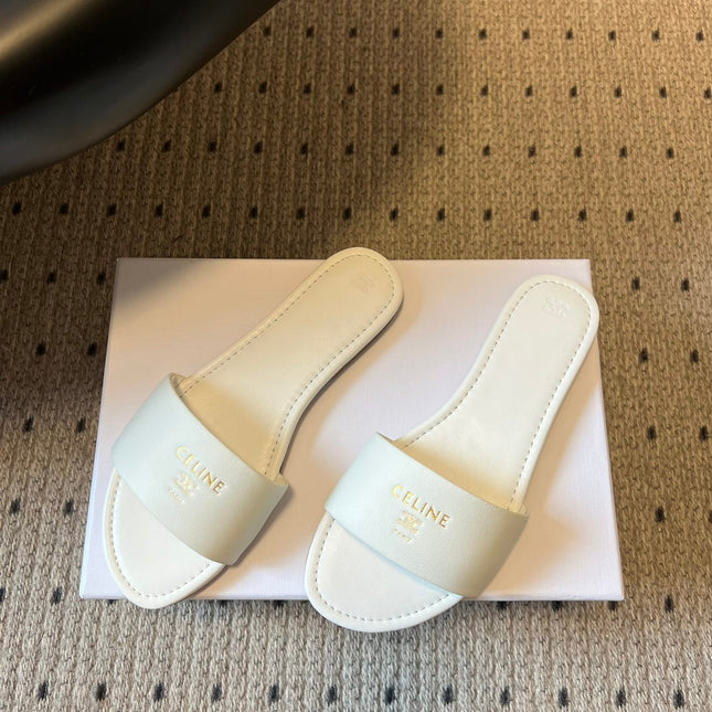 CELINE 26S FLAT SLIDES IN WHITE LAMBSKIN