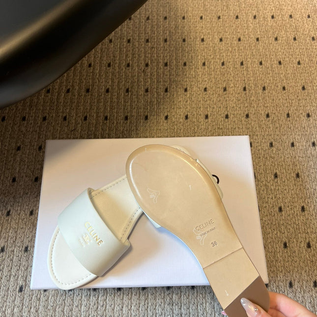 CELINE 26S FLAT SLIDES IN WHITE LAMBSKIN