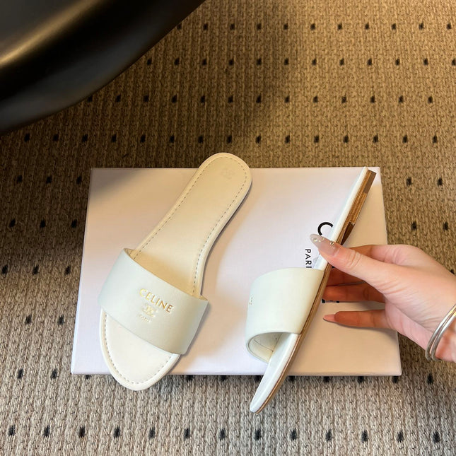 CELINE 26S FLAT SLIDES IN WHITE LAMBSKIN