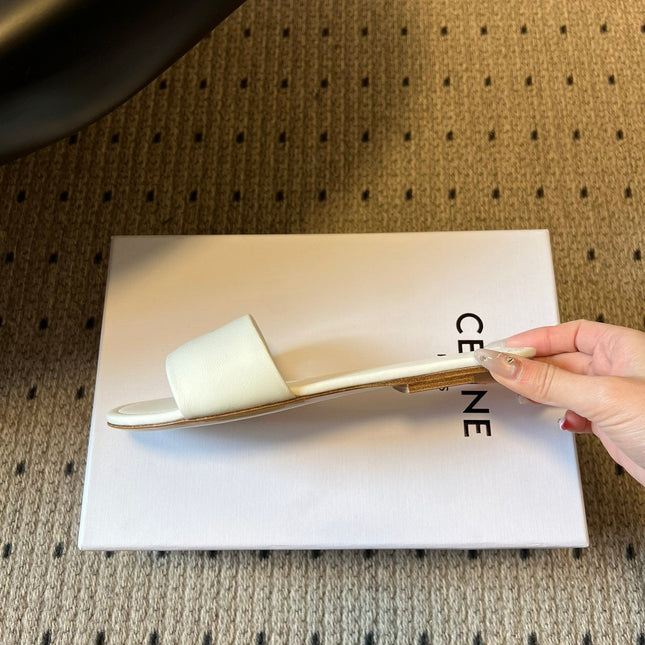 CELINE 26S FLAT SLIDES IN WHITE LAMBSKIN