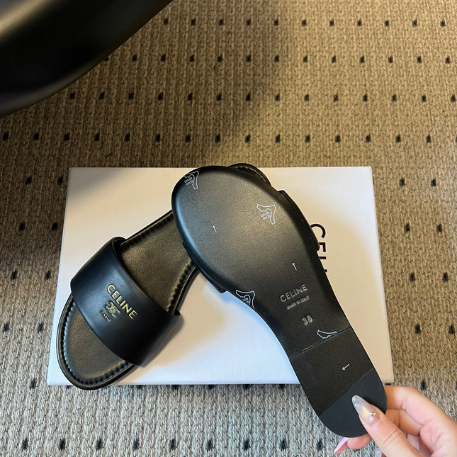CELINE 26S FLAT SLIDES IN BLACK LAMBSKIN