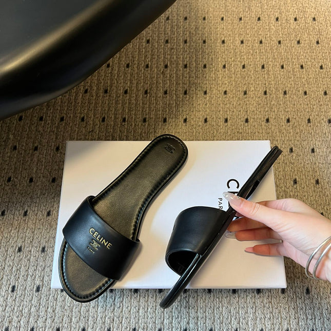 CELINE 26S FLAT SLIDES IN BLACK LAMBSKIN