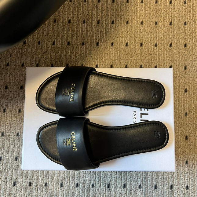 CELINE 26S FLAT SLIDES IN BLACK LAMBSKIN