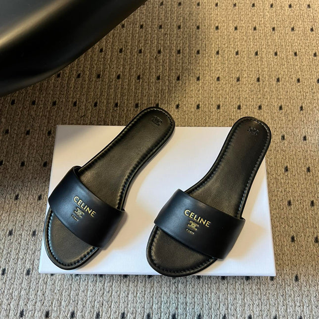 CELINE 26S FLAT SLIDES IN BLACK LAMBSKIN