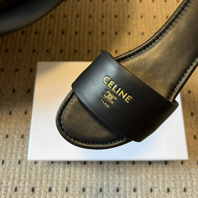 CELINE 26S FLAT SLIDES IN BLACK LAMBSKIN