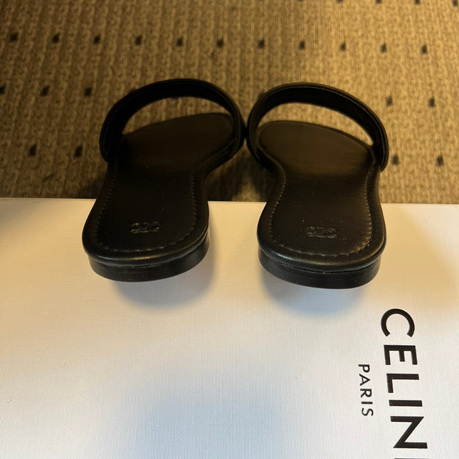 CELINE 26S FLAT SLIDES IN BLACK LAMBSKIN