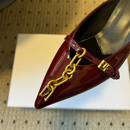 BALMAIN 26S GOLD CHAIN HIGH HEEL MULES 45 MM IN DARK RED PATENT CALFSKIN
