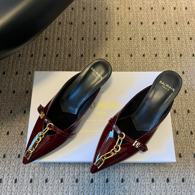 BALMAIN 26S GOLD CHAIN HIGH HEEL MULES 45 MM IN DARK RED PATENT CALFSKIN
